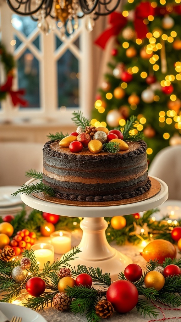 A Christmas cake stand with a chocolate cake, greenery, ornaments, and fruits, set on a festive dining table.